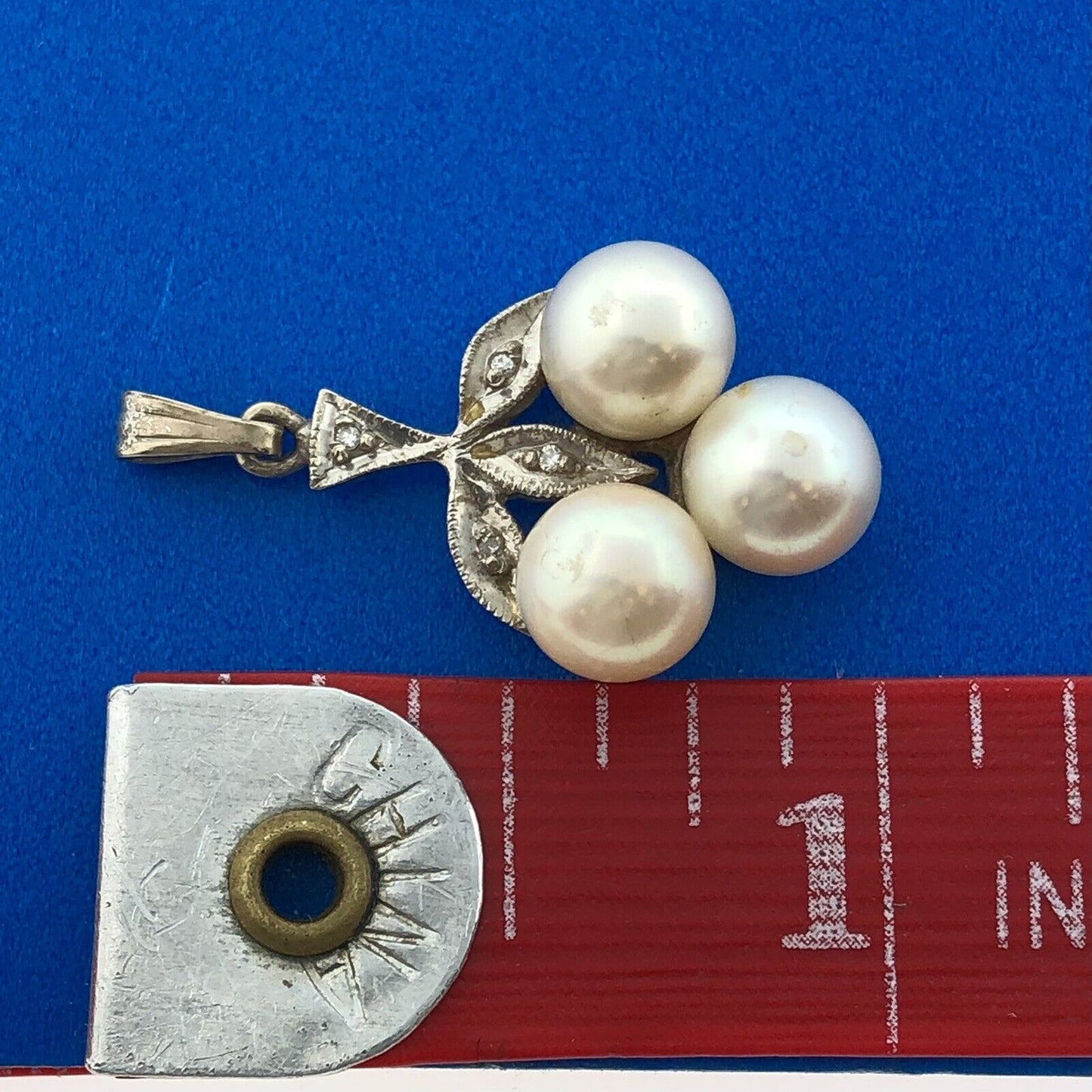 Mid Century 14K White Gold Pearl Trio Diamond Accented Wedding Drop Pendant