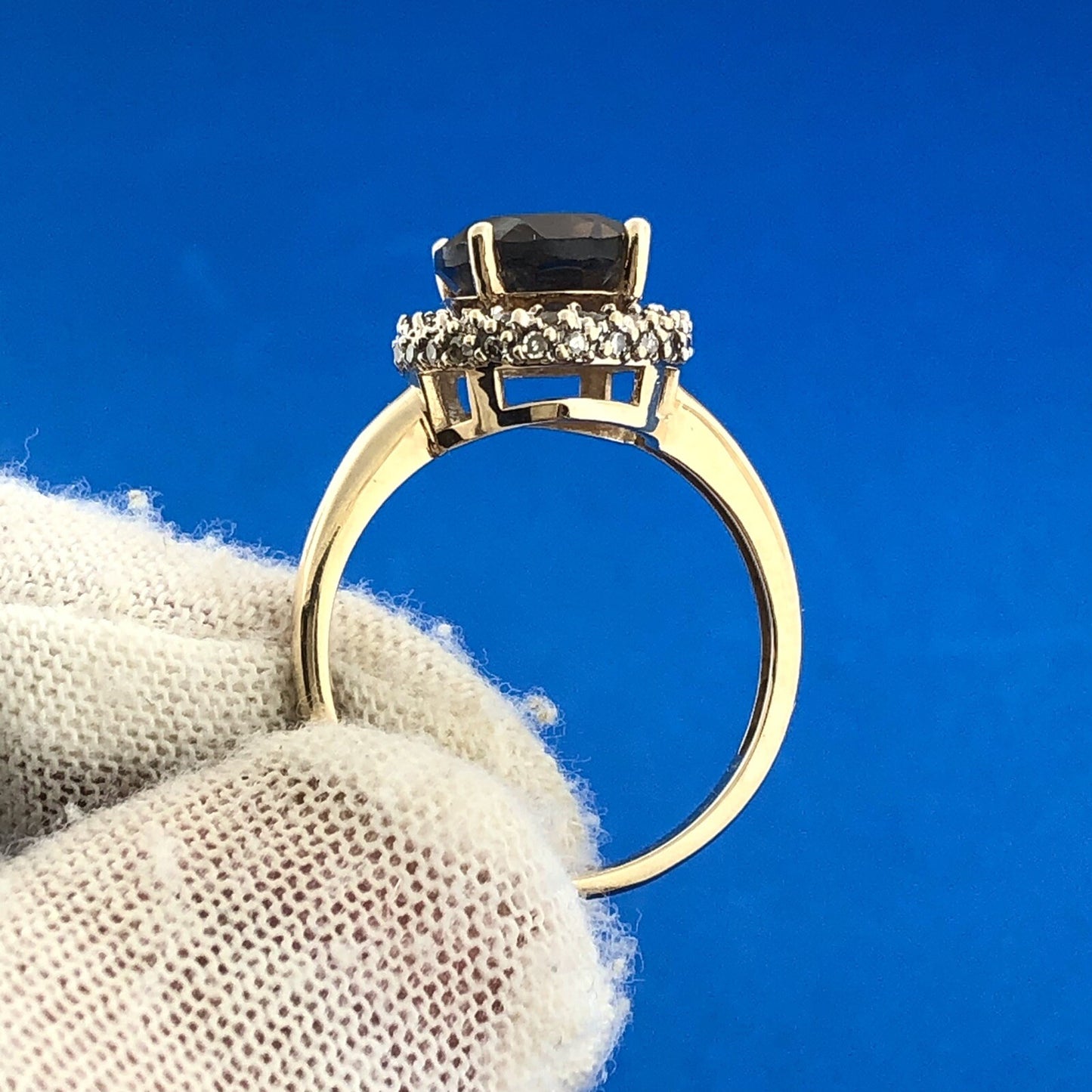 Retro Designer 14K Yellow Gold Oval Smoky Quartz Diamond Halo Cocktail Ring