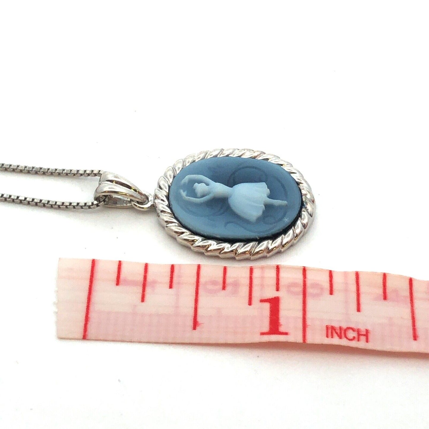 Designer 925 Sterling Silver Oval Blue Cameo Ballerina Dancer Pendant Necklace