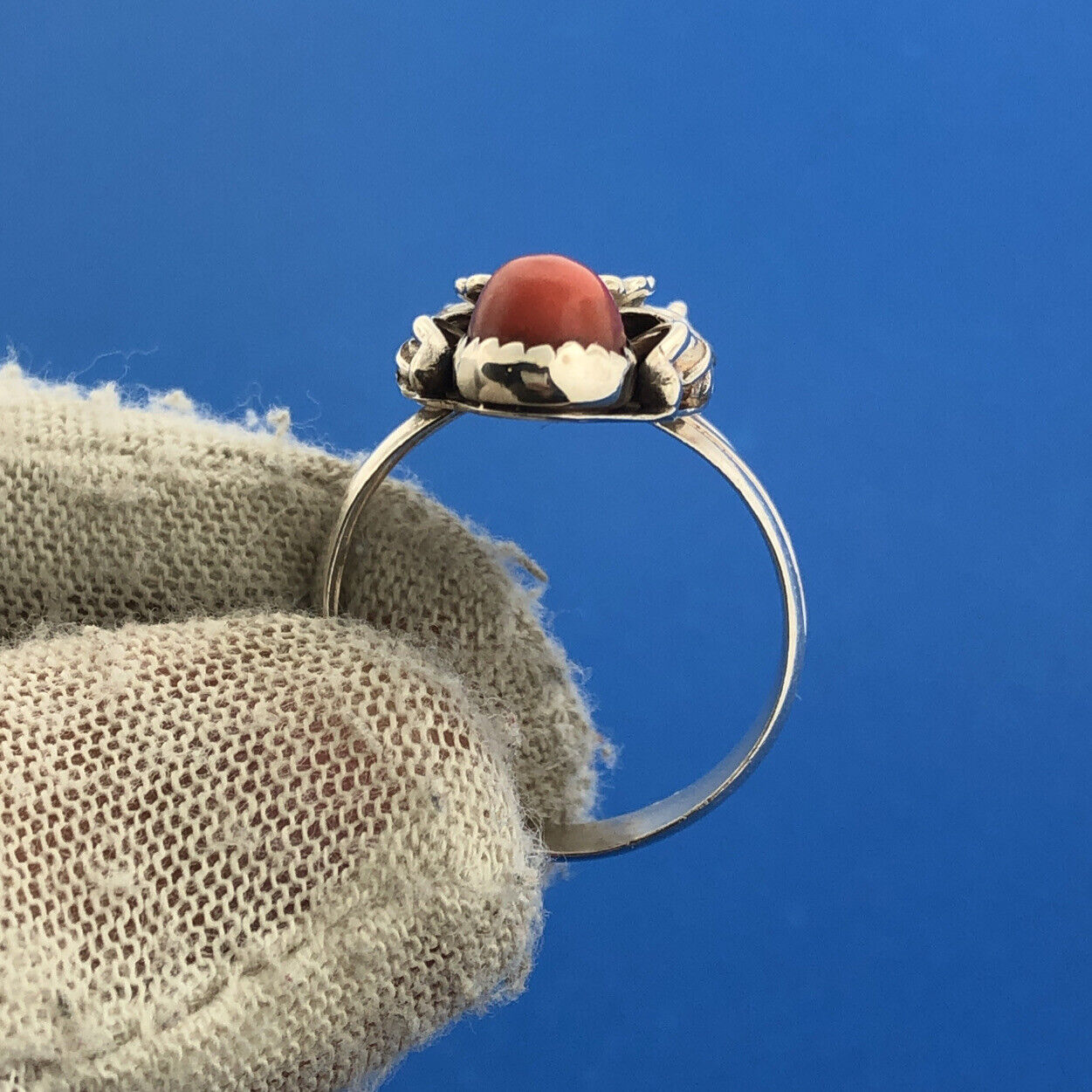 Native American Artisan Sterling Silver Coral Moonstone Elongated Feather Ring