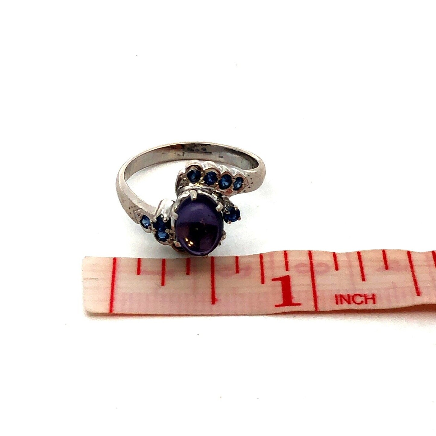 Estate 18K White Gold Oval Amethyst Cabochon Sapphire Accents Solitaire Ring