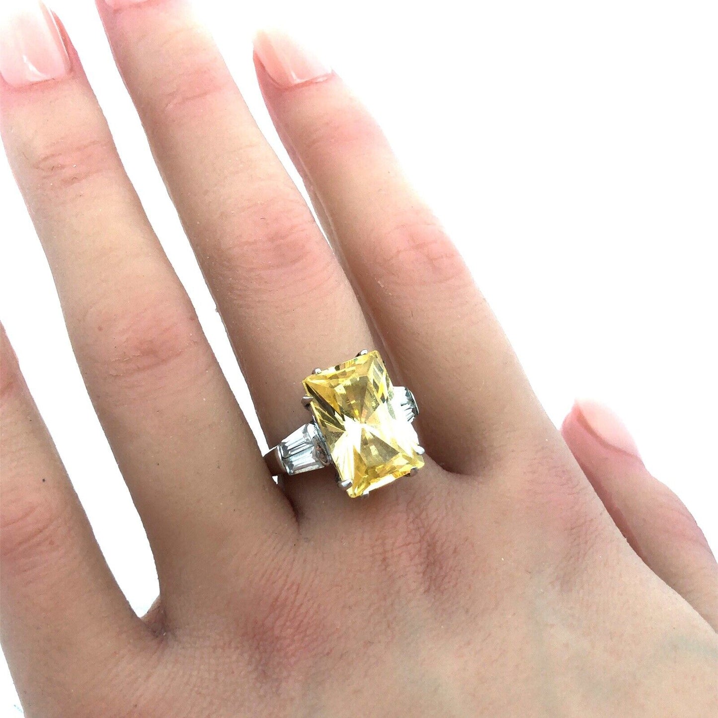 Designer CWE 925 Sterling Silver Radiant Emerald Lemon Quartz CZ Accent Ring
