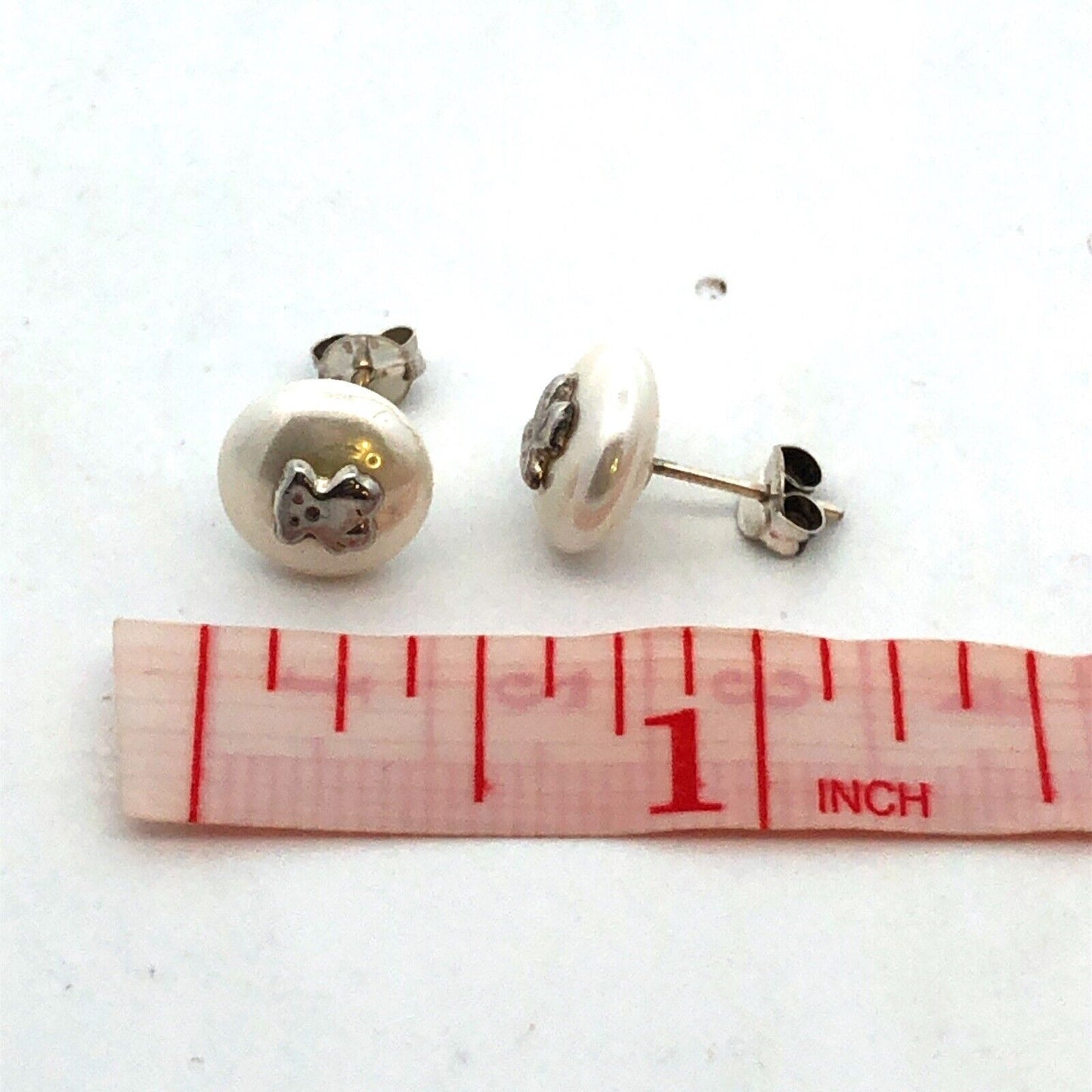 925 Sterling Silver Faux Pearl Teddy Bear Button Stud Earrings