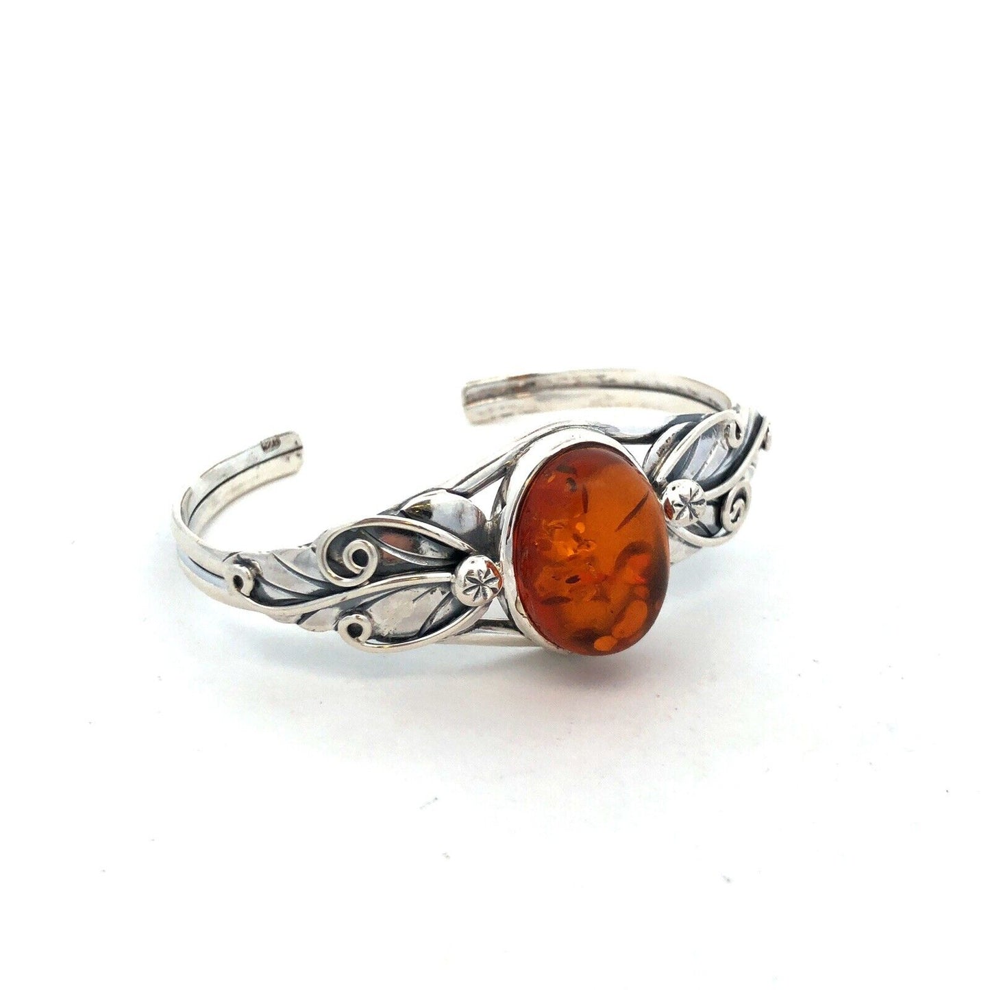 Vintage 925 Sterling Silver Oval Amber Leaves Nature Cuff Bracelet