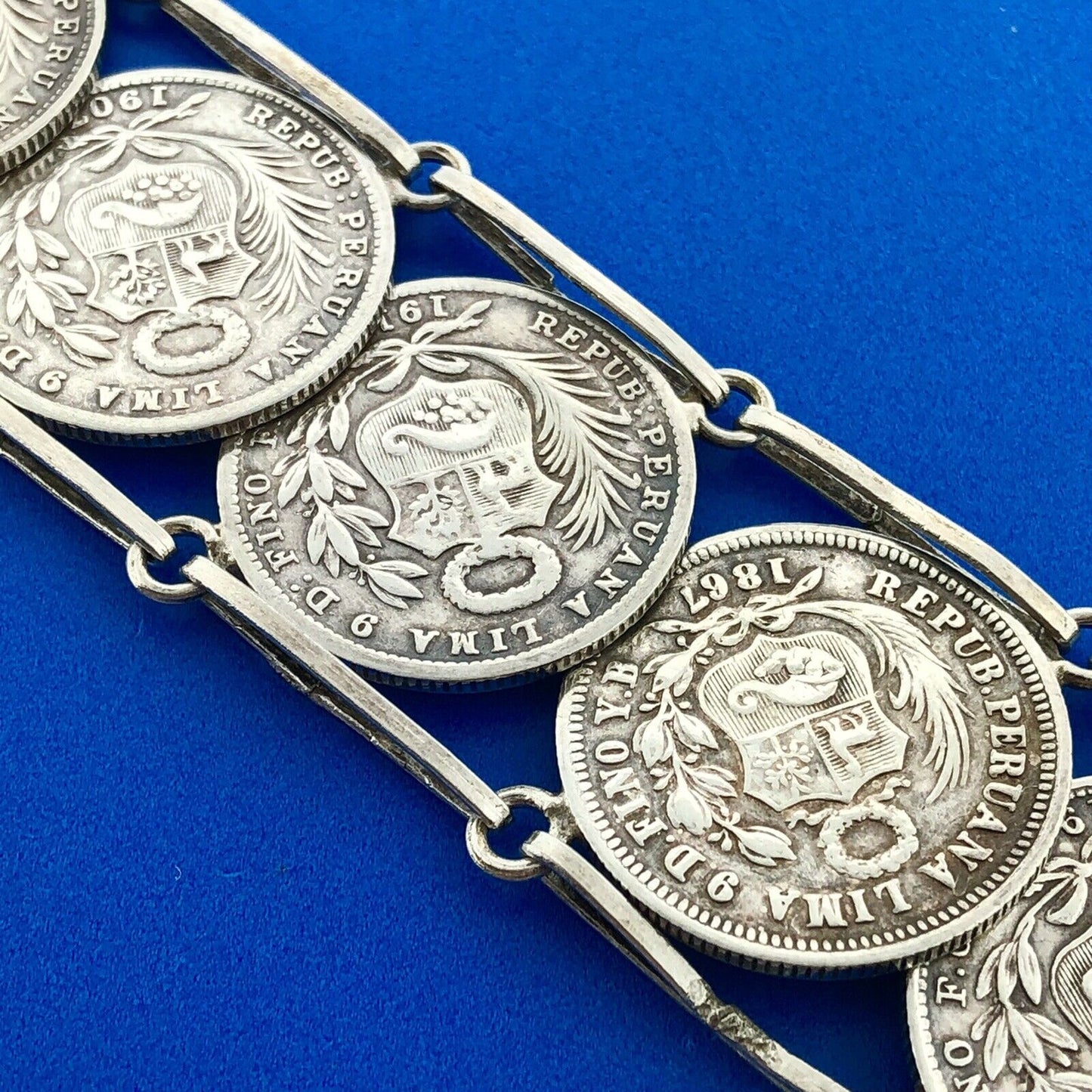 Vintage 925 Sterling Silver 900 Fine Peru 1/5 Sol Eight Coin Panel Bracelet