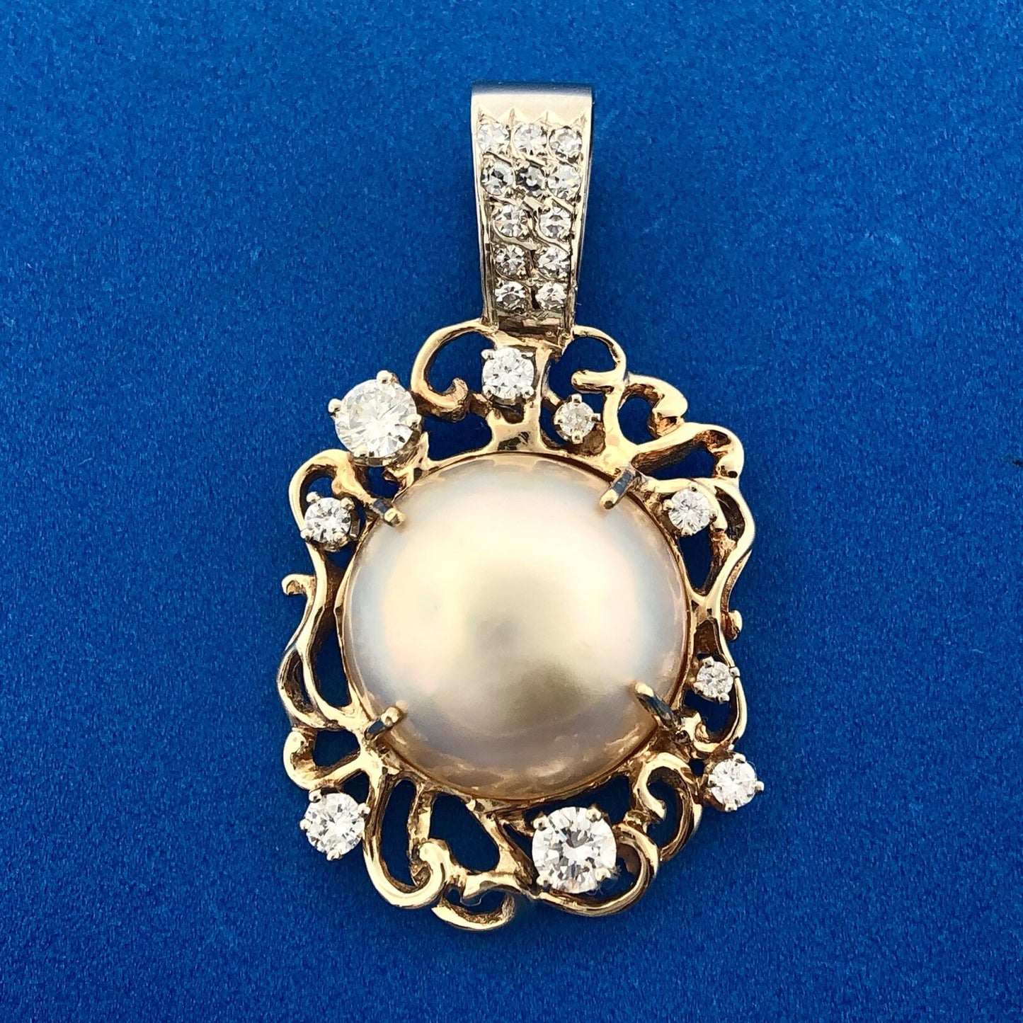 Retro 14K Yellow Gold Mabe Pearl Diamond Accent Free Form Statement Pendant