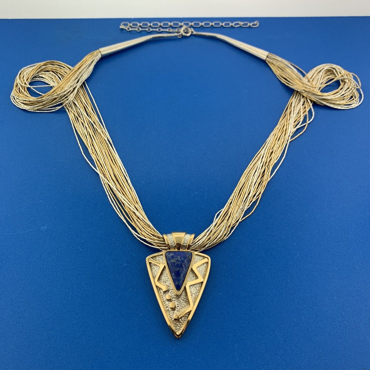 Designer Two Toned Sterling Liquid Silver 925 Lapis Arrowhead 30" Necklace
