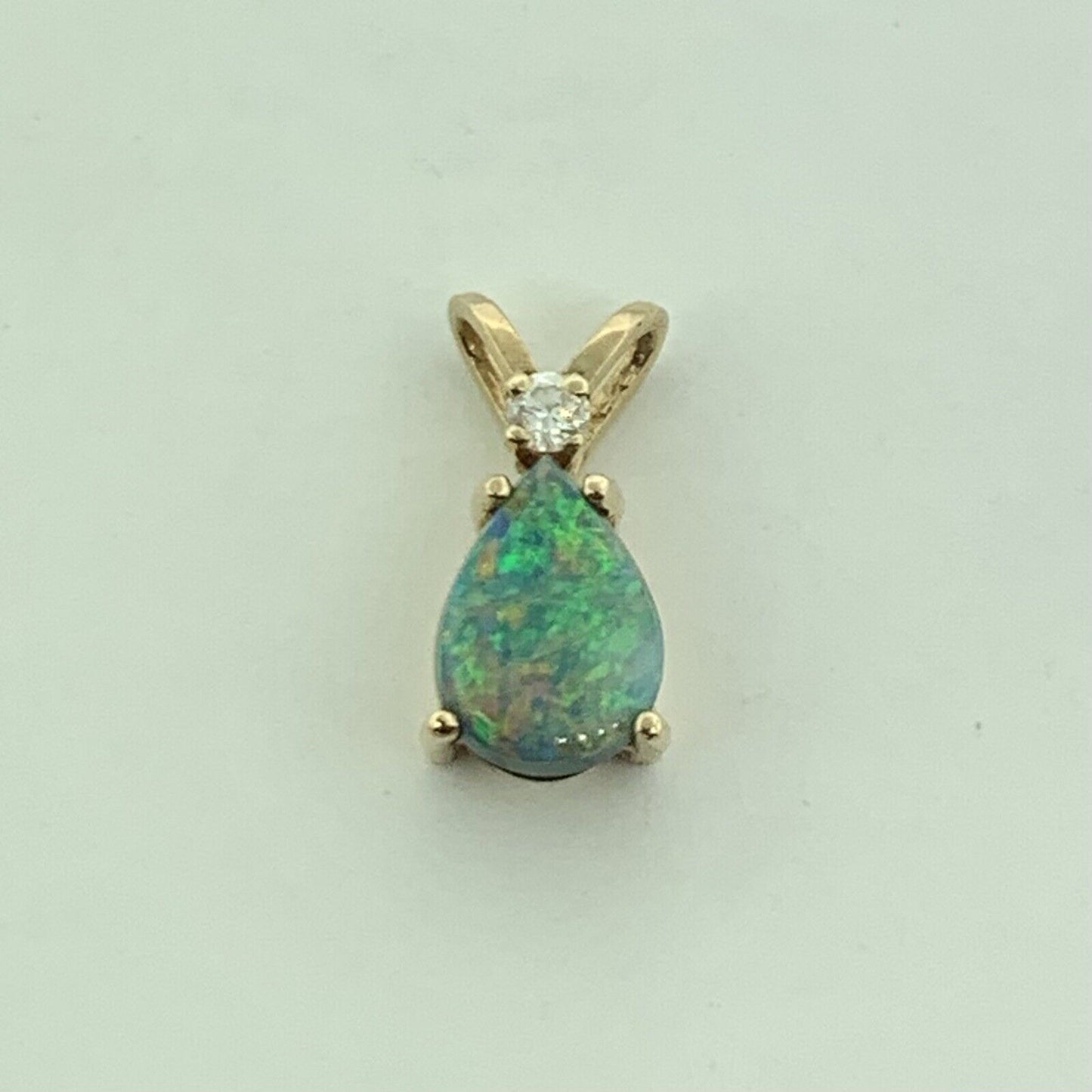 14K Yellow Gold Pear Opal Diamond Accented Drop Pendant