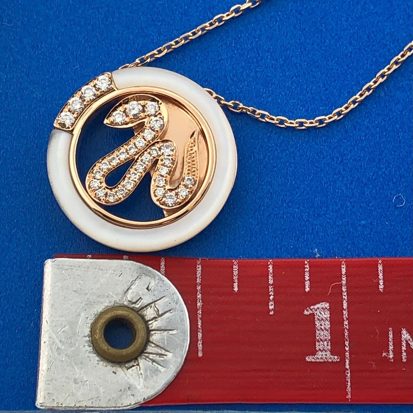 Designer CMG 18K Rose Gold Diamond Mother Of Pearl Snake Disc Pendant Necklace