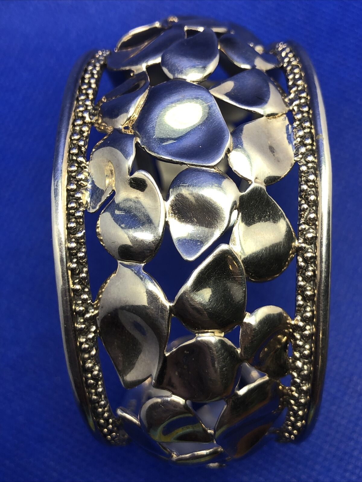 Michael Dawkins 925 Sterling Silver Petal & Beaded Detail Open Cuff Bracelet