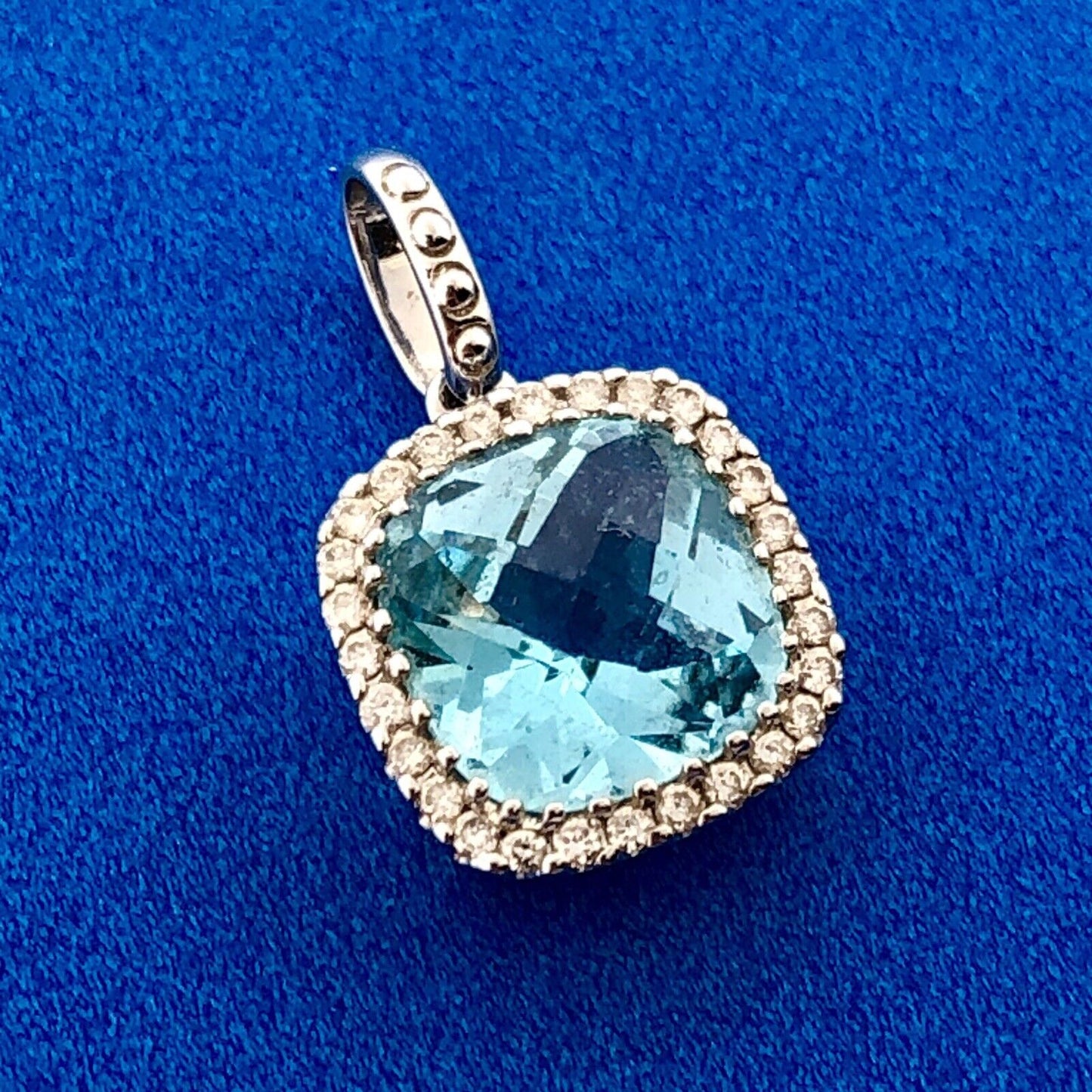 18K White Gold Cushion Cut Blue Topaz Diamond Halo October Anniversary Pendant