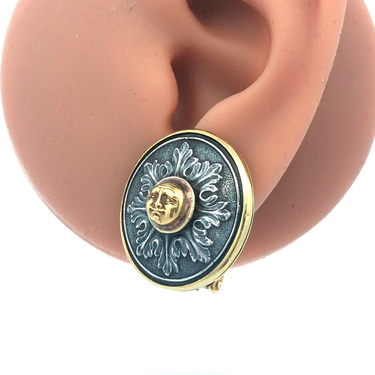 Signed Paul Lantuch 18K Yellow Gold 925 Sterling Silver Mask Disc Earrings