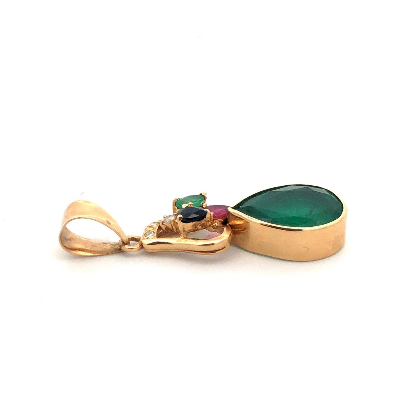 14K Yellow Gold Pear Emerald Sapphire Ruby Diamond Statement Pendant