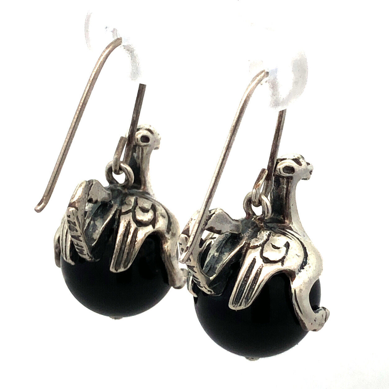 Museum Fine Arts MFA 925 Sterling Silver Round Black Onyx Dragon Globe Earrings