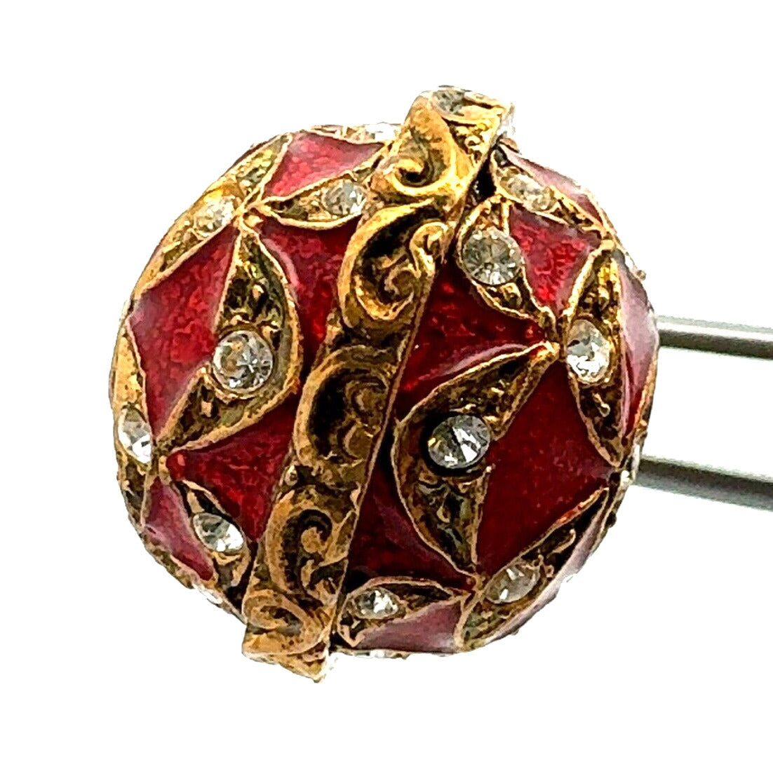 Vintage 925 Sterling Silver Gold Vermeil CZ Red Enamel Faberge Egg Pendant