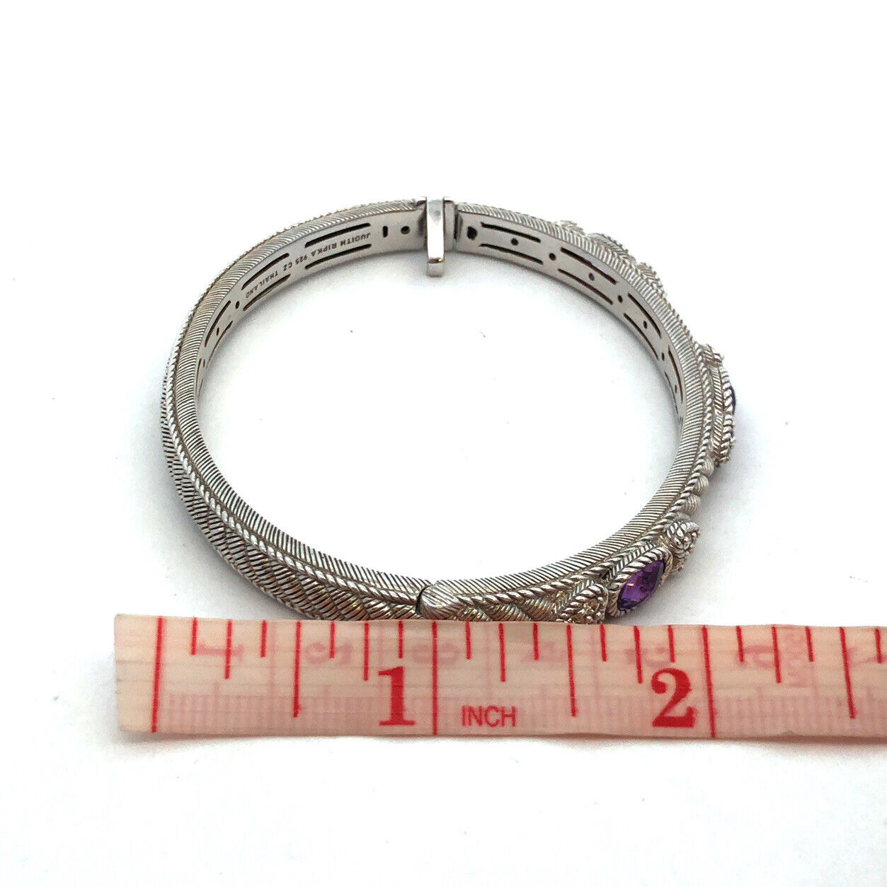 Judith Ripka 925 Sterling Silver Amethyst CZ Romance Hinged Bangle Bracelet