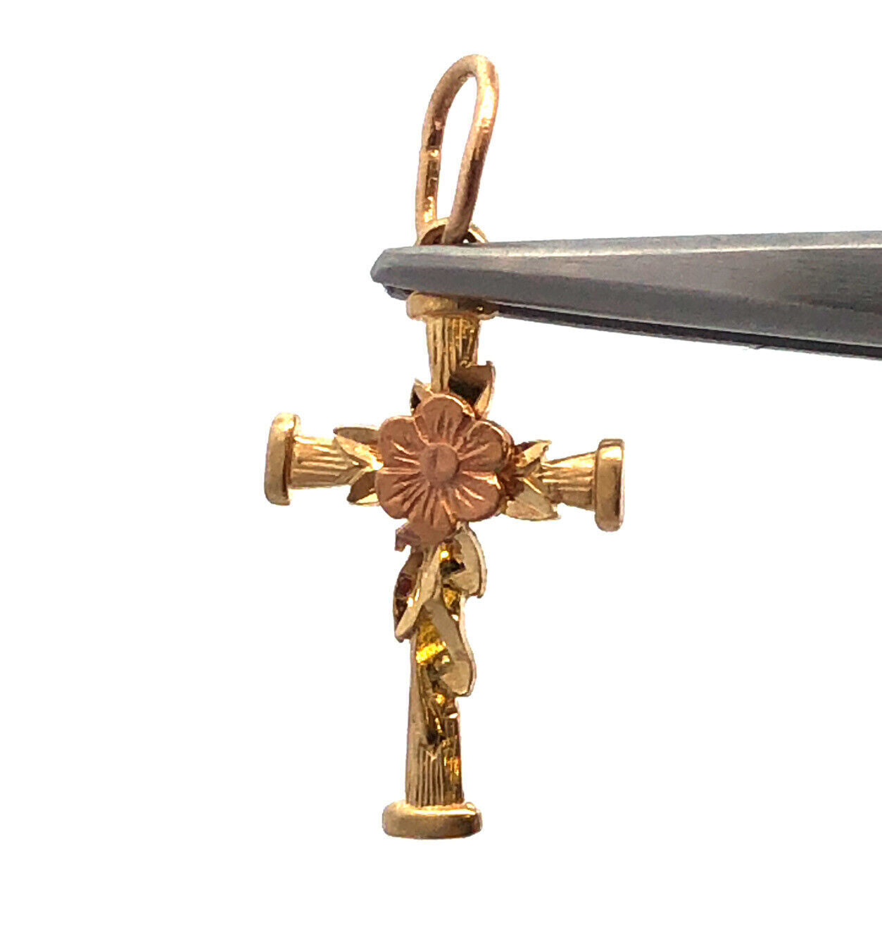 Designer 14K Yellow Gold Rose Gold Flower Leaf Floral Religious Cross Pendant