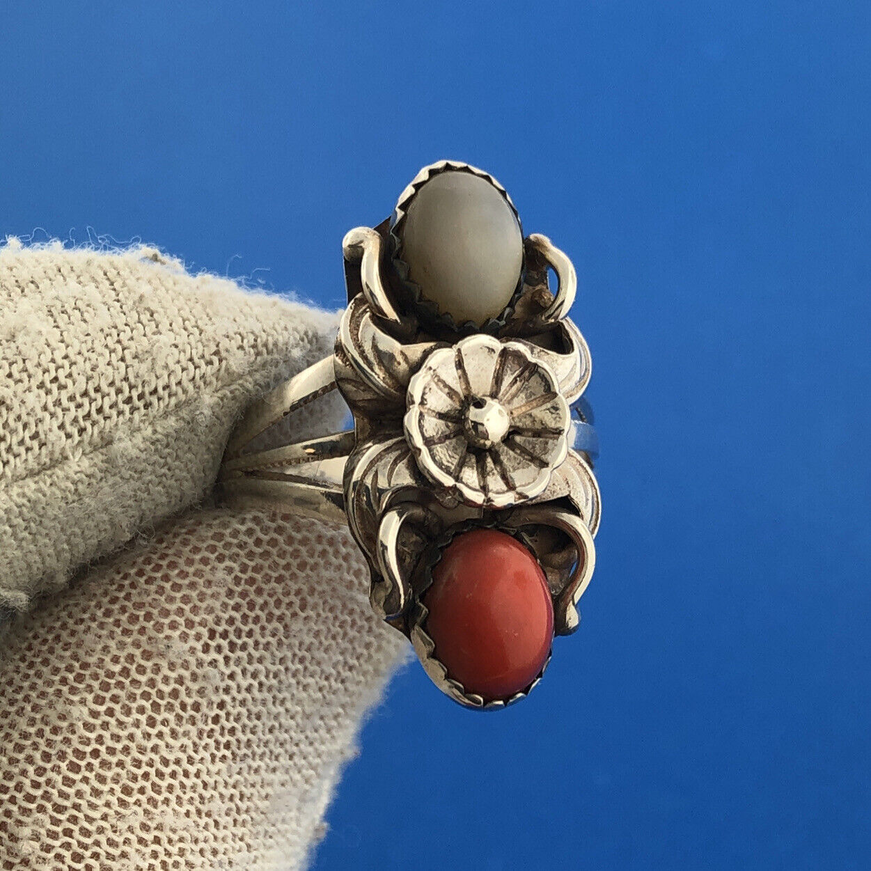 Native American Artisan Sterling Silver Coral Moonstone Elongated Feather Ring