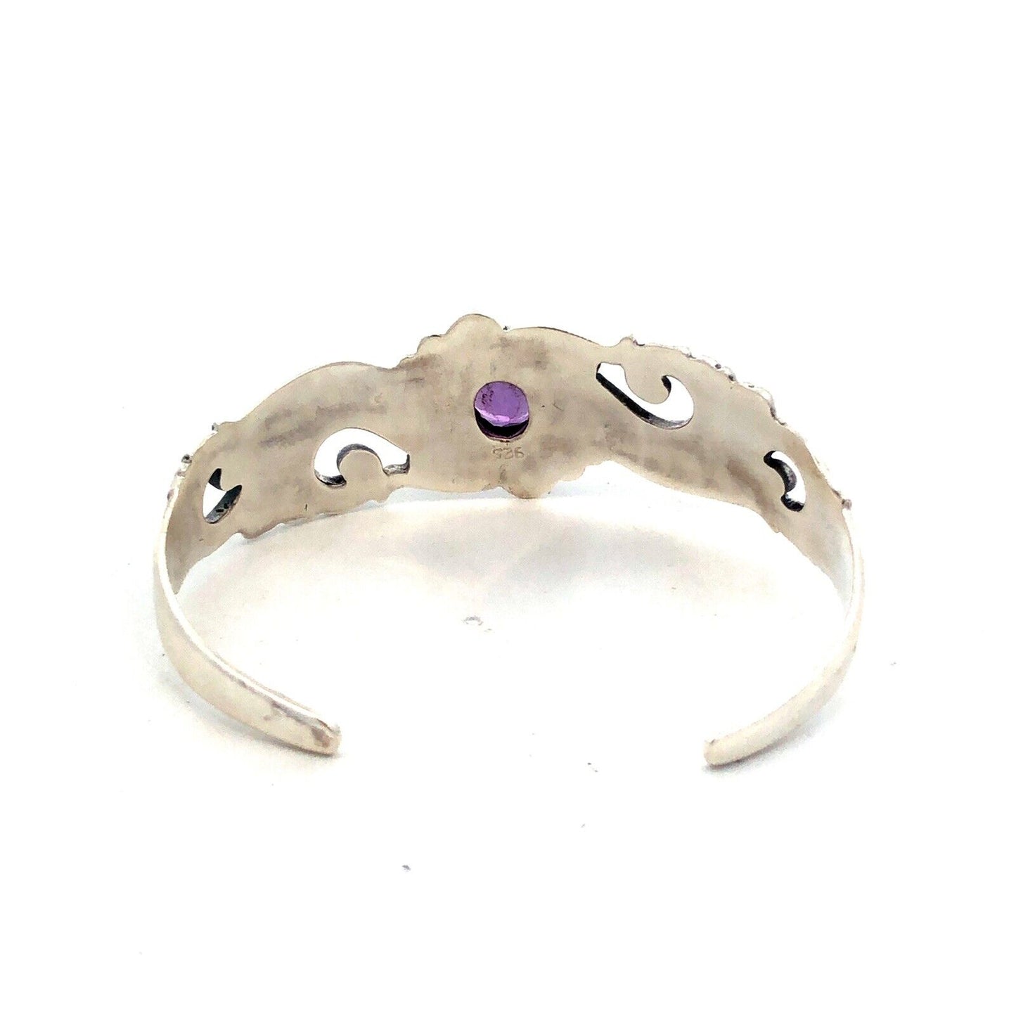 Vintage 925 Sterling Silver Oval Amethyst Floral Scroll Open Cuff Bracelet