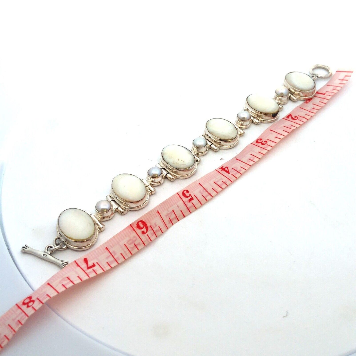 Vintage 925 Sterling Silver Oval Mother of Pearl Pearl Toggle Tennis Bracelet