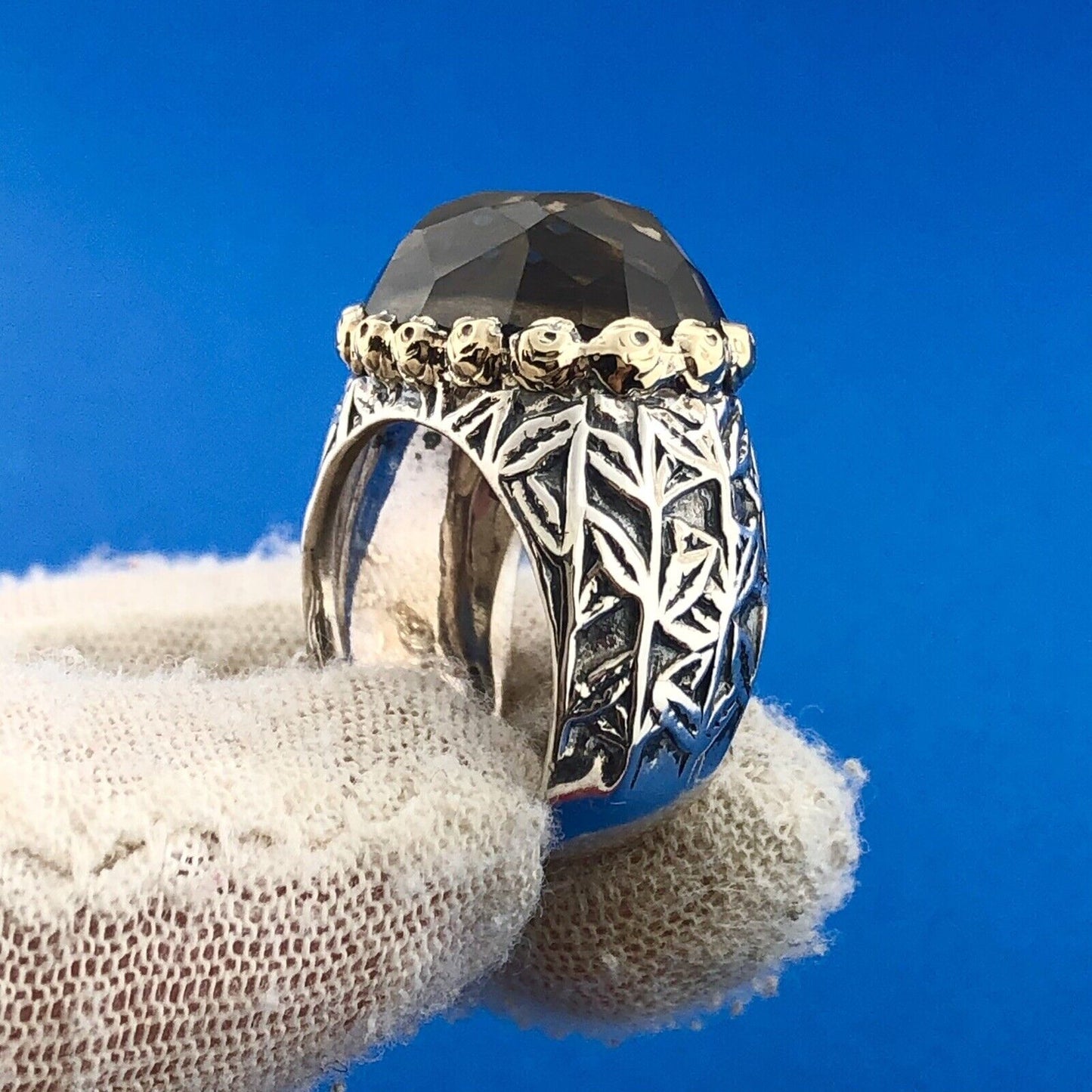 Retro 925 Sterling Silver 14K Two Toned Floral Engraved Smoky Quartz Dome Ring