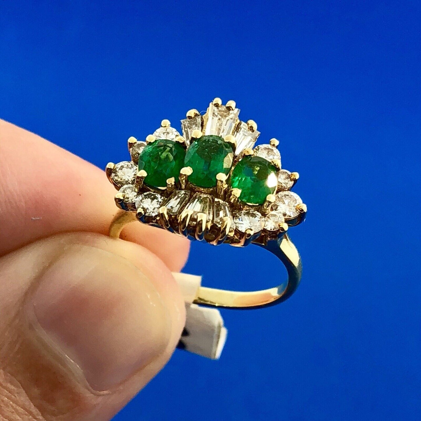 Vintage 14k Yellow Gold Three Oval Emerald Ring w/ Round & Baguette Diamonds