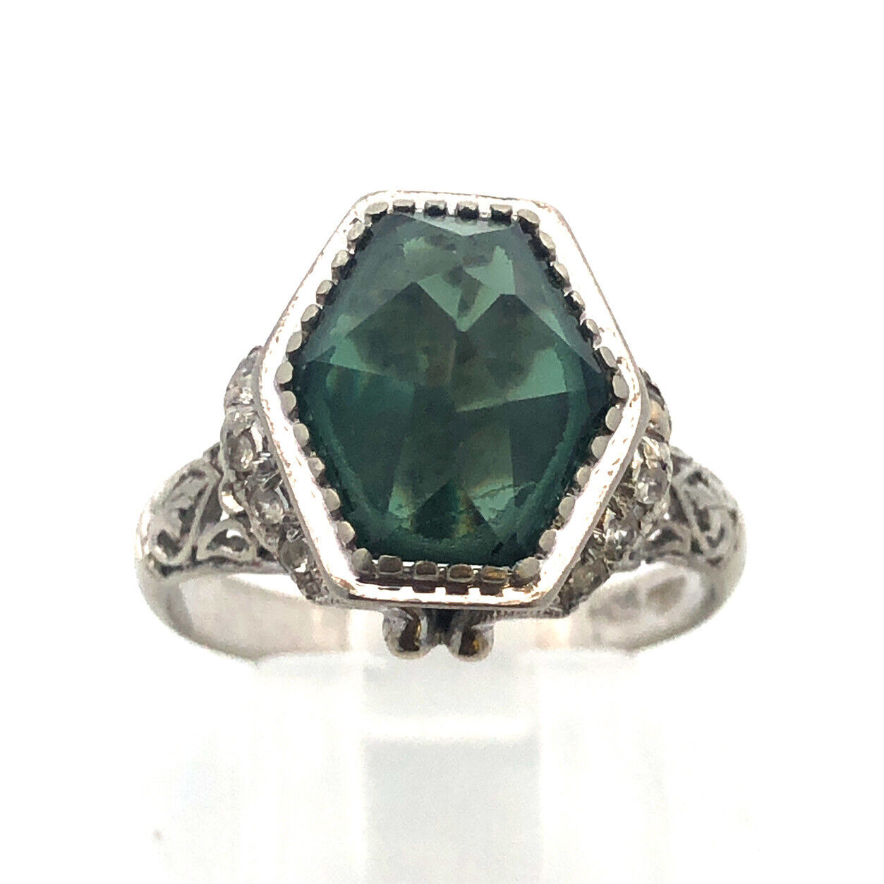 Stunning Art Deco 18K White Gold Hexagon Green Sapphire Statement Cocktail Ring