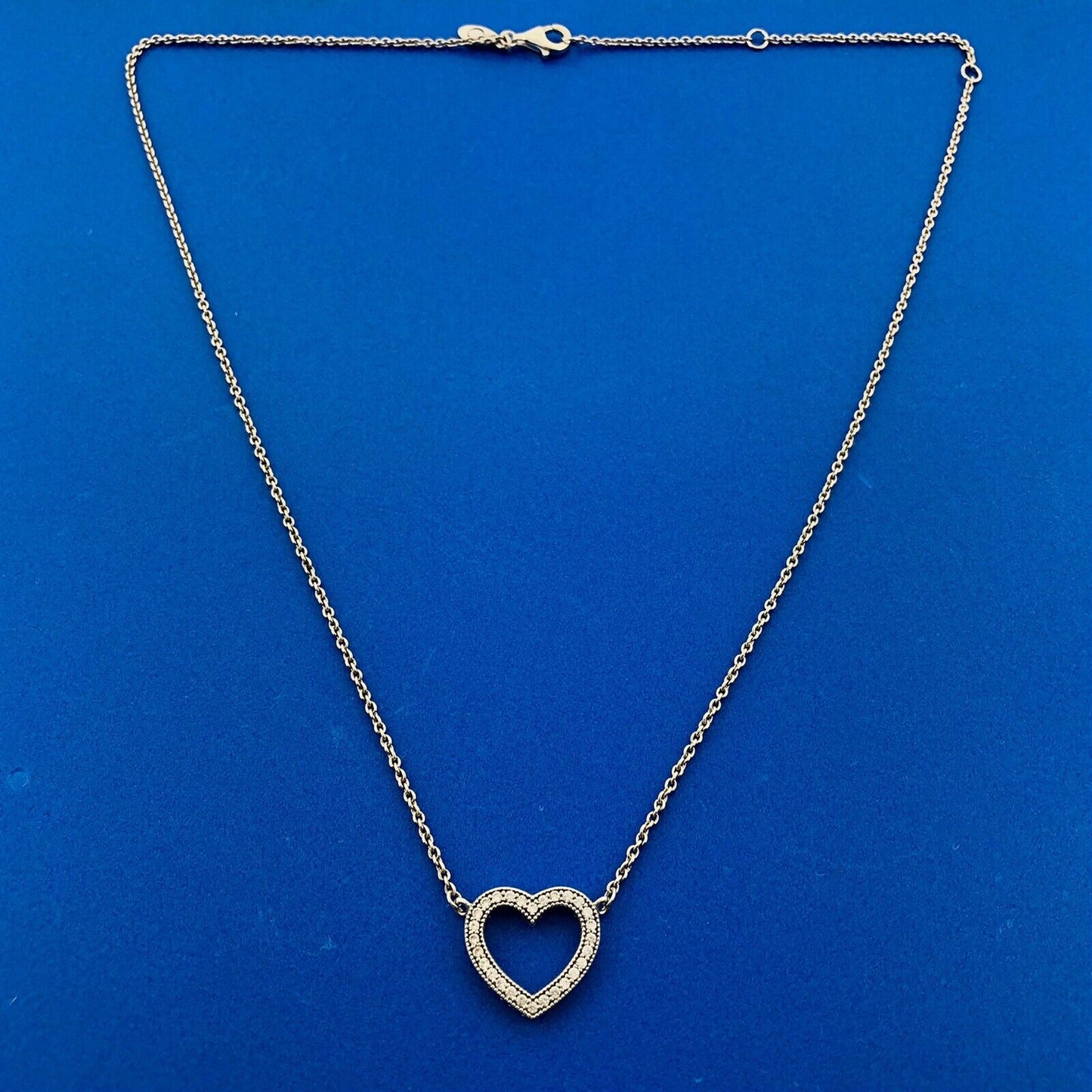 Designer PANDORA ALE Sterling Silver 925 CZ Sparkling Open Heart 17.5" Necklace