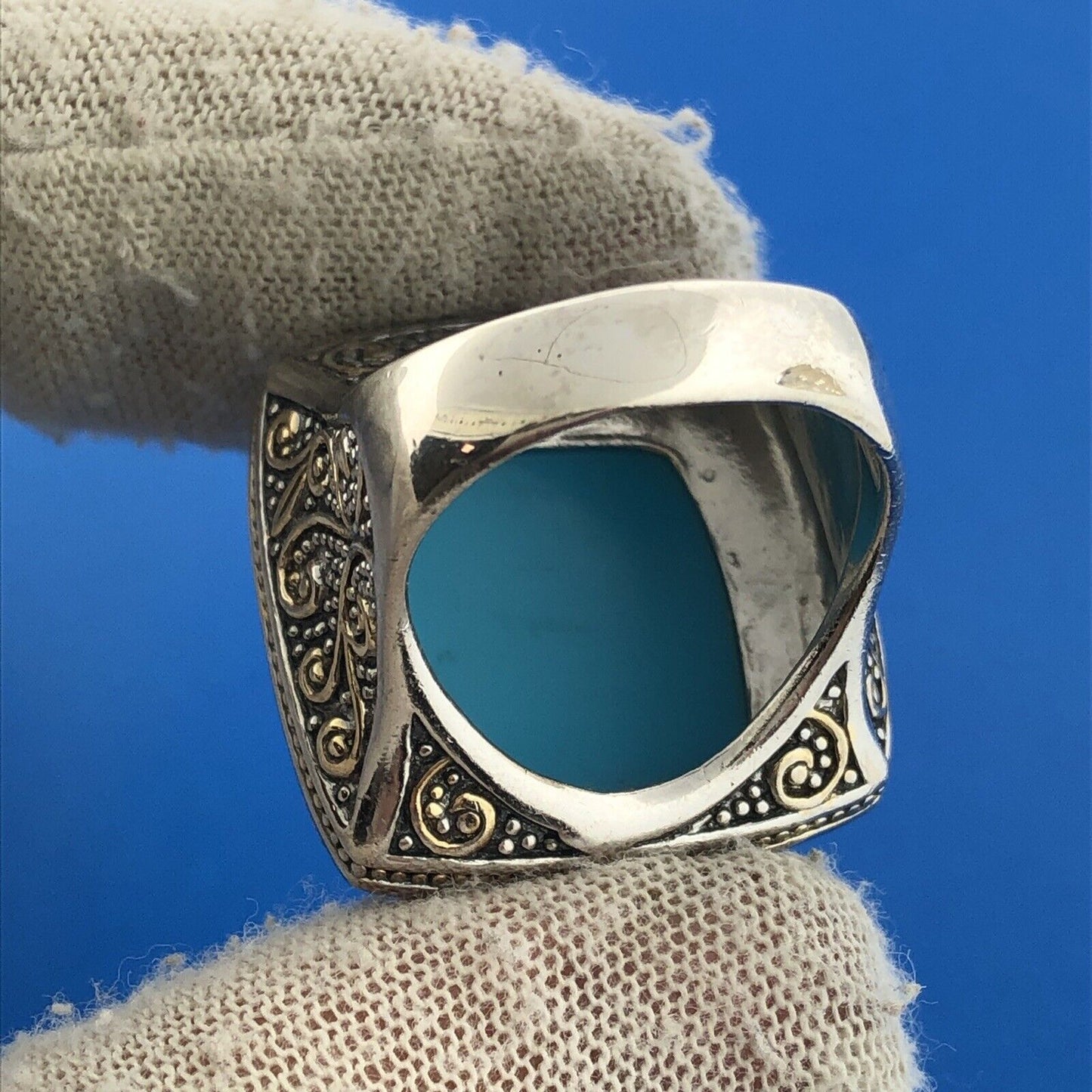 Designer PK Sterling Silver Two Toned Faux Turquoise Scroll Statement Dome Ring
