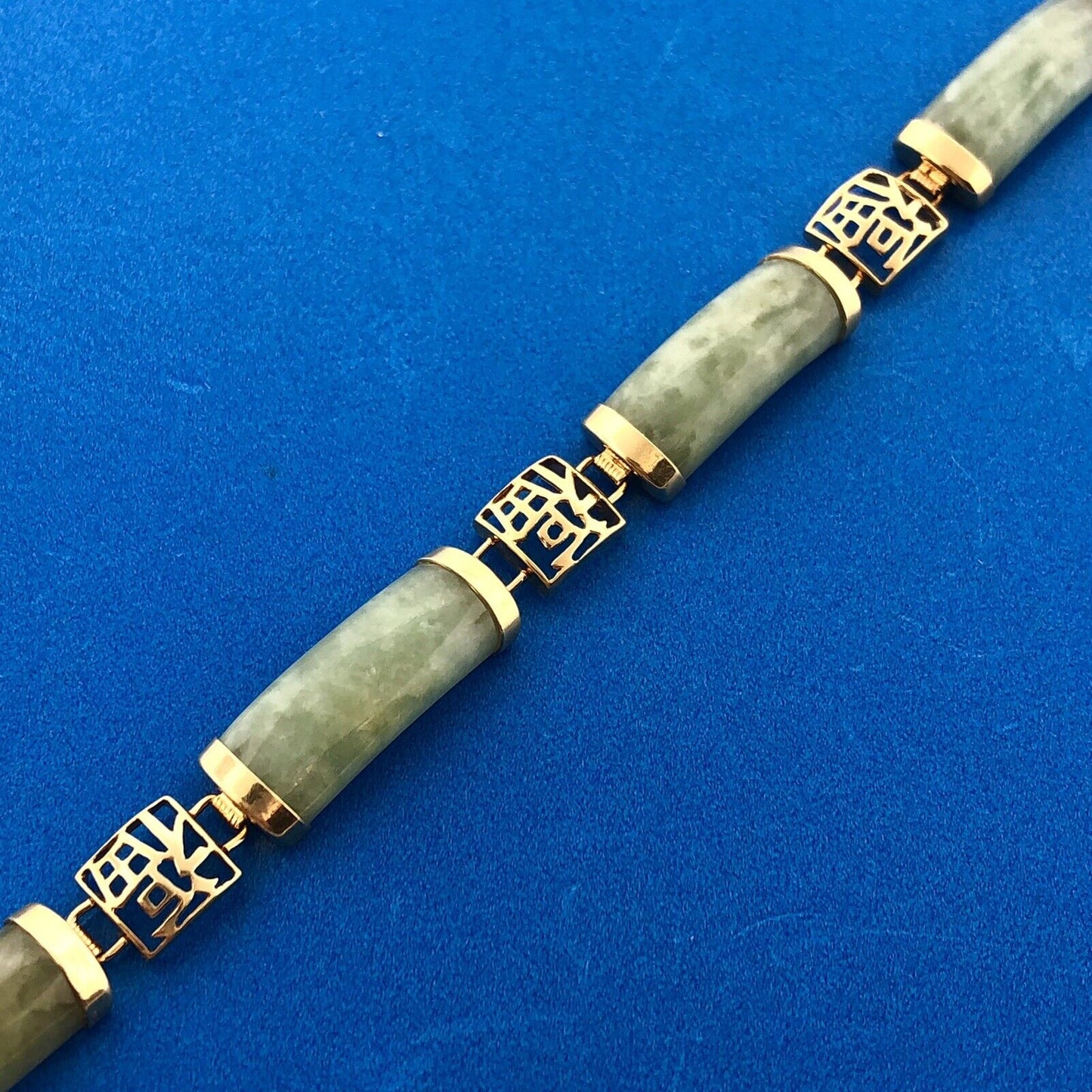 Retro 14K Yellow Gold Jade Jadeite Good Luck Character Statement Panel Bracelet
