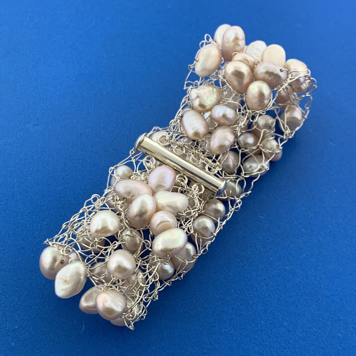 Artisan 925 Sterling Pink Pearl Mesh Statement Wide Cuff Bracelet
