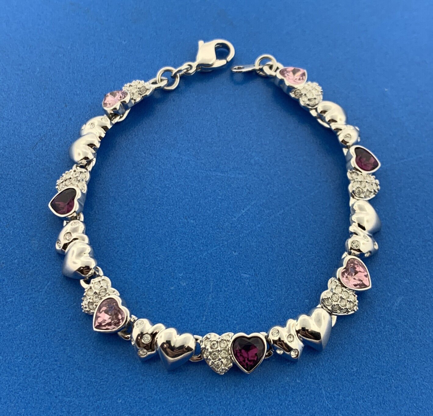 Swarovski Silver Toned Purple Pink Diamond Crystal Heart Station Tennis Bracelet