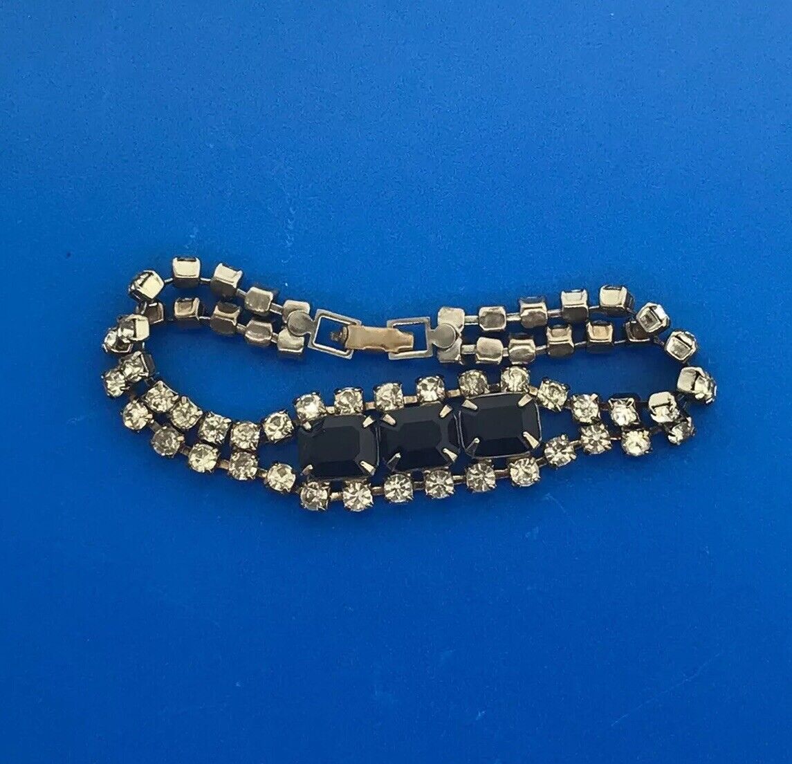 Vintage Silver Tone Rectangle Black Round White Rhinestone Runway Bracelet