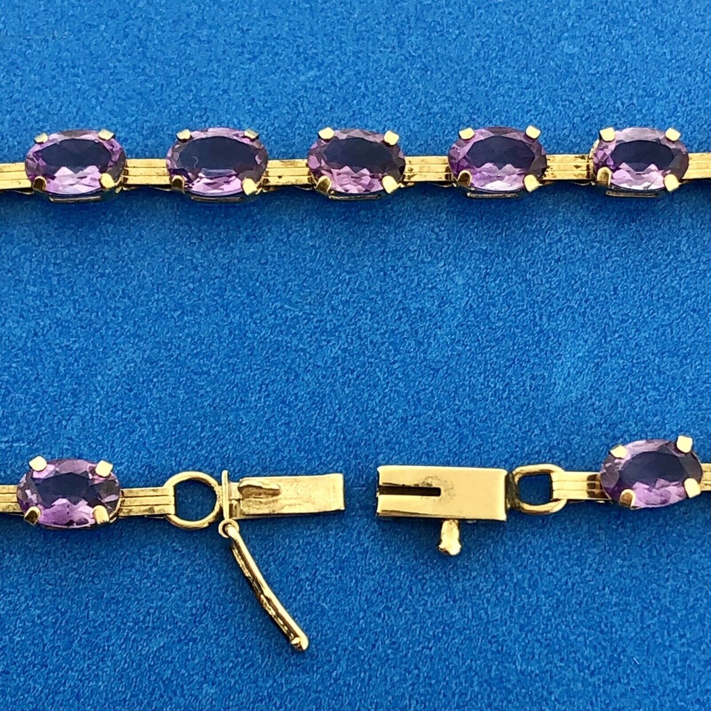 Vintage 10K Oval Amethyst Panel Bar Link February Anniversary Tennis Bracelet