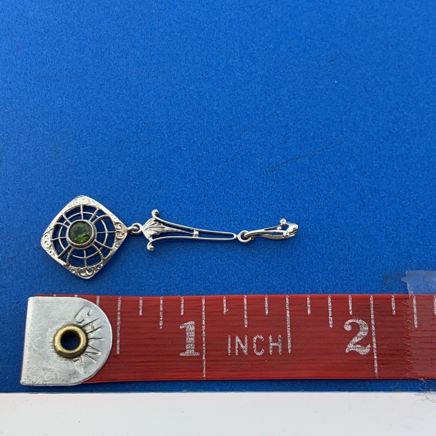 Art Deco 14K White Gold Peridot August Anniversary Filigree Scroll Drop Pendant