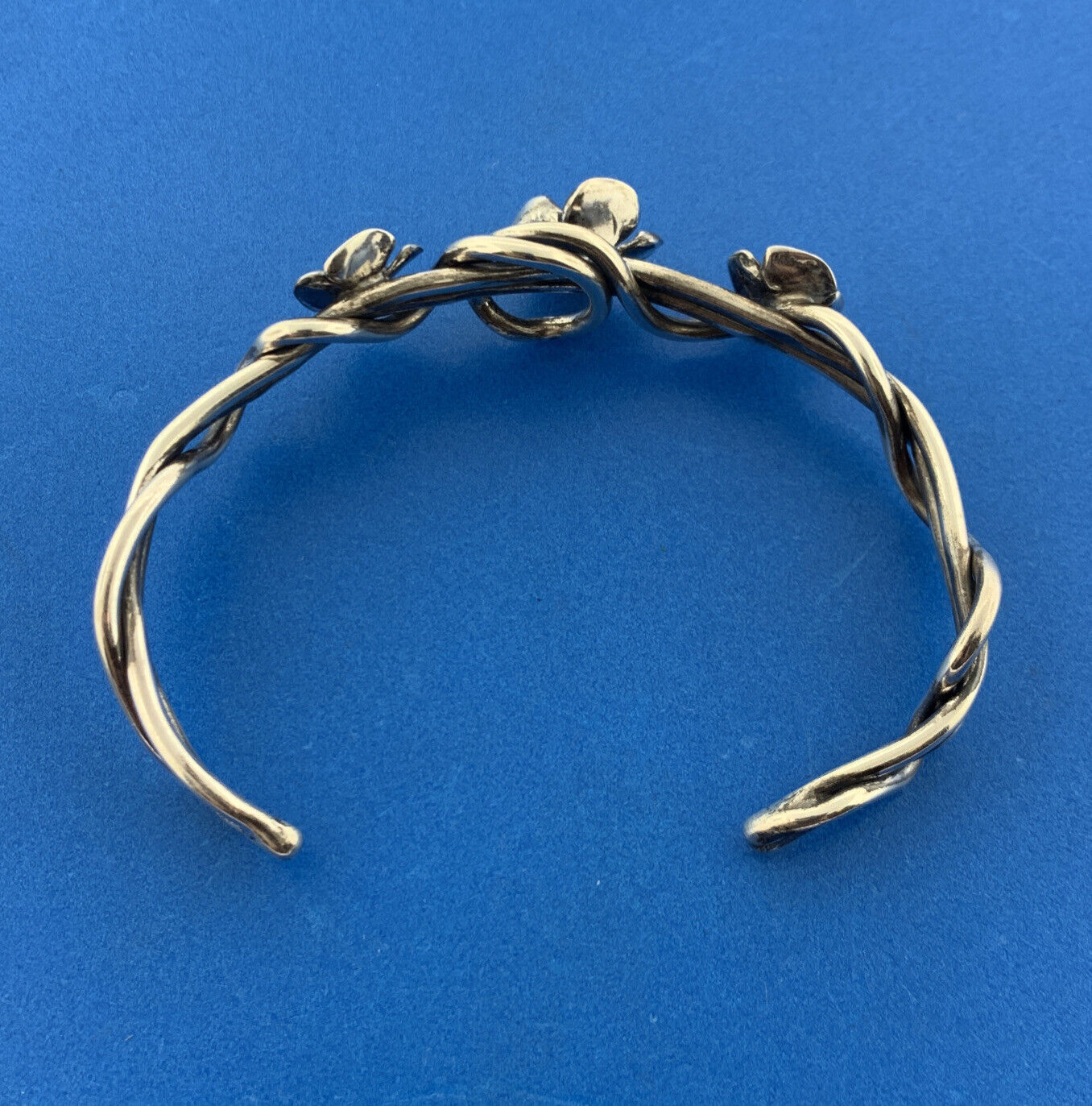 Stunning Sterling Silver 925 Floral Flower Wrapped Vine 6.5" Open Cuff Bracelet