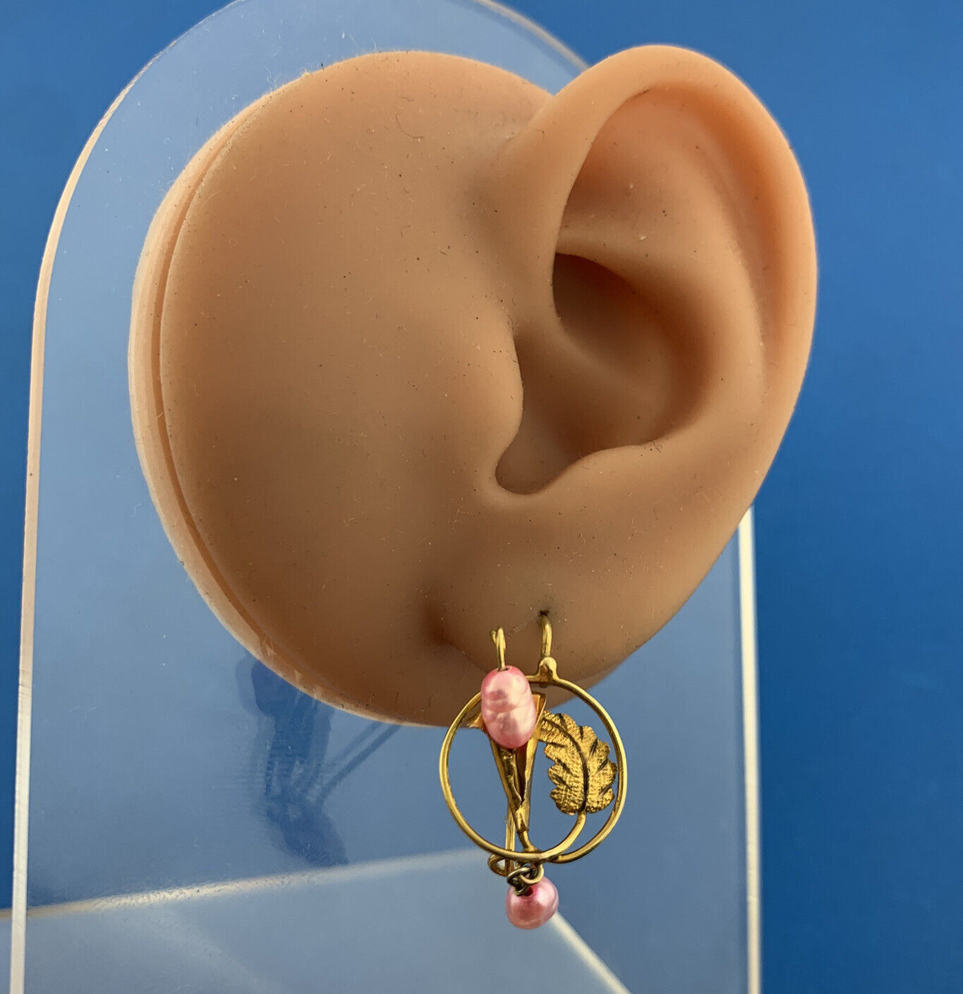 Art Nouveau Art Deco 10K Yellow Gold Pink Baroque Pearl Drop Dangle Hook Earring