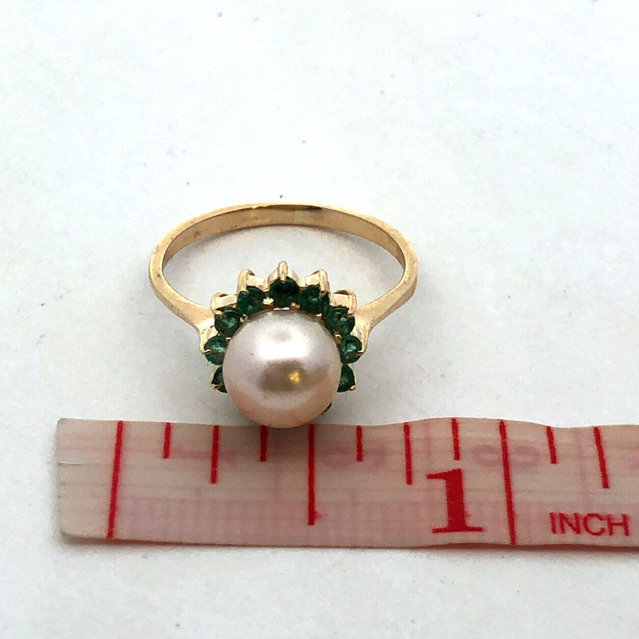 Designer 14K Yellow Gold Round Pearl Green Tourmaline Halo Cocktail Ring