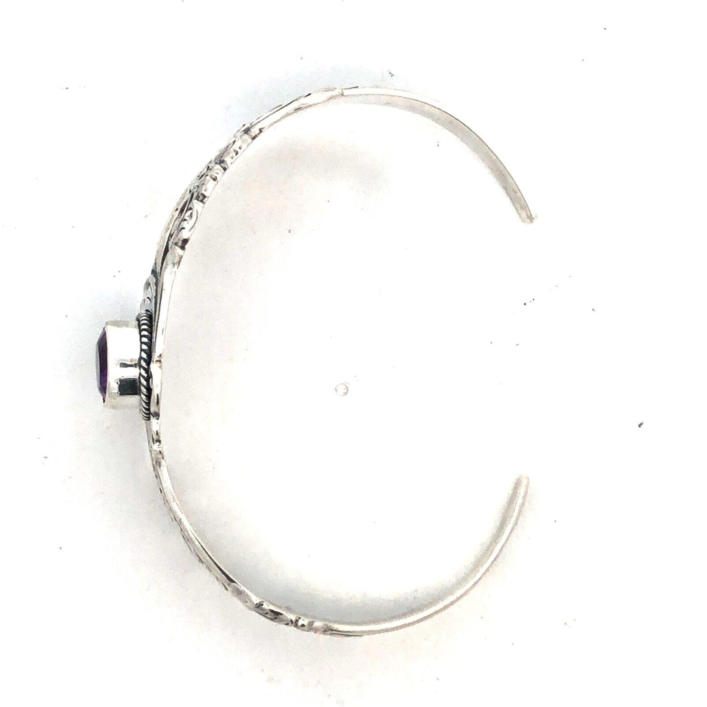 Vintage 925 Sterling Silver Oval Amethyst Floral Scroll Open Cuff Bracelet