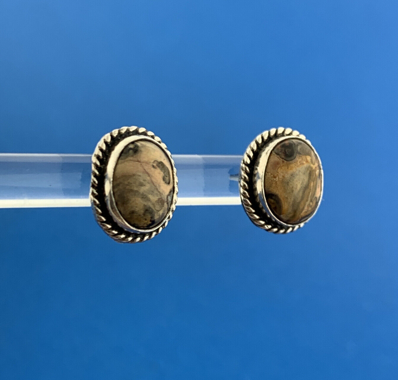 925 Sterling Silver Brown Pink Green Unakite Gemstone Oval Stud Earrings