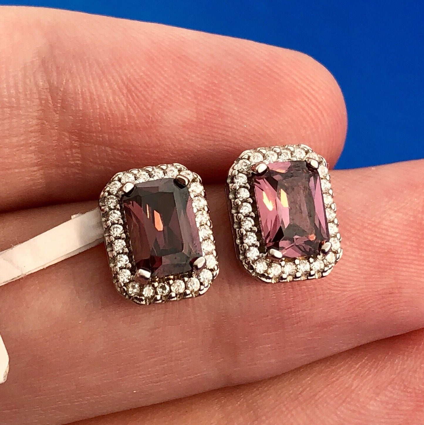 Designer OJL Sterling Silver Rhodolite Garnet Diamond Halo January Stud Earrings