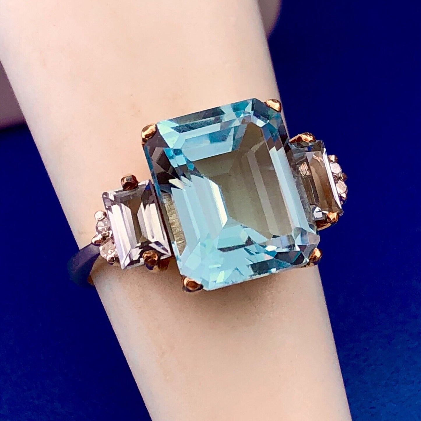 14K Yellow Gold Blue Topaz Diamond December Anniversary Cocktail Statement Ring