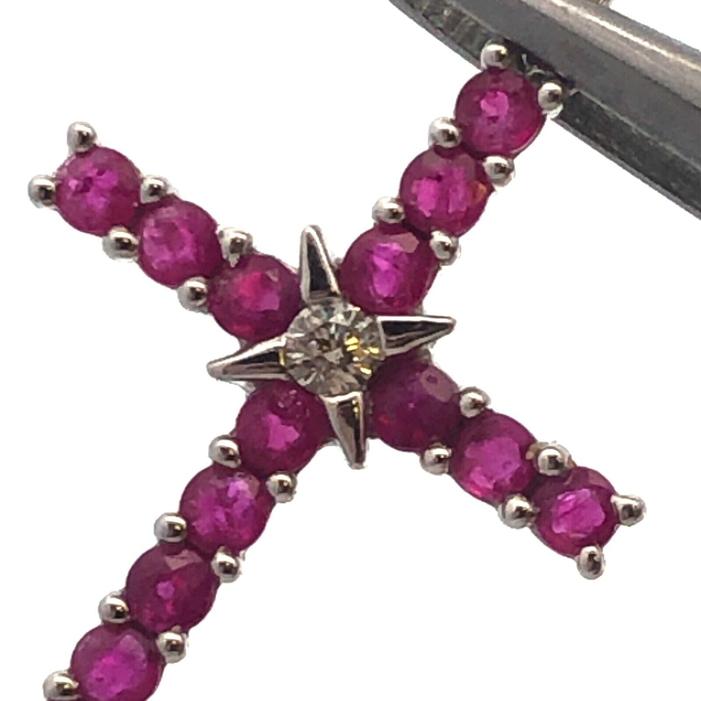 14K White Gold Ruby Diamond Cross Religious Communion Wedding July Pendant