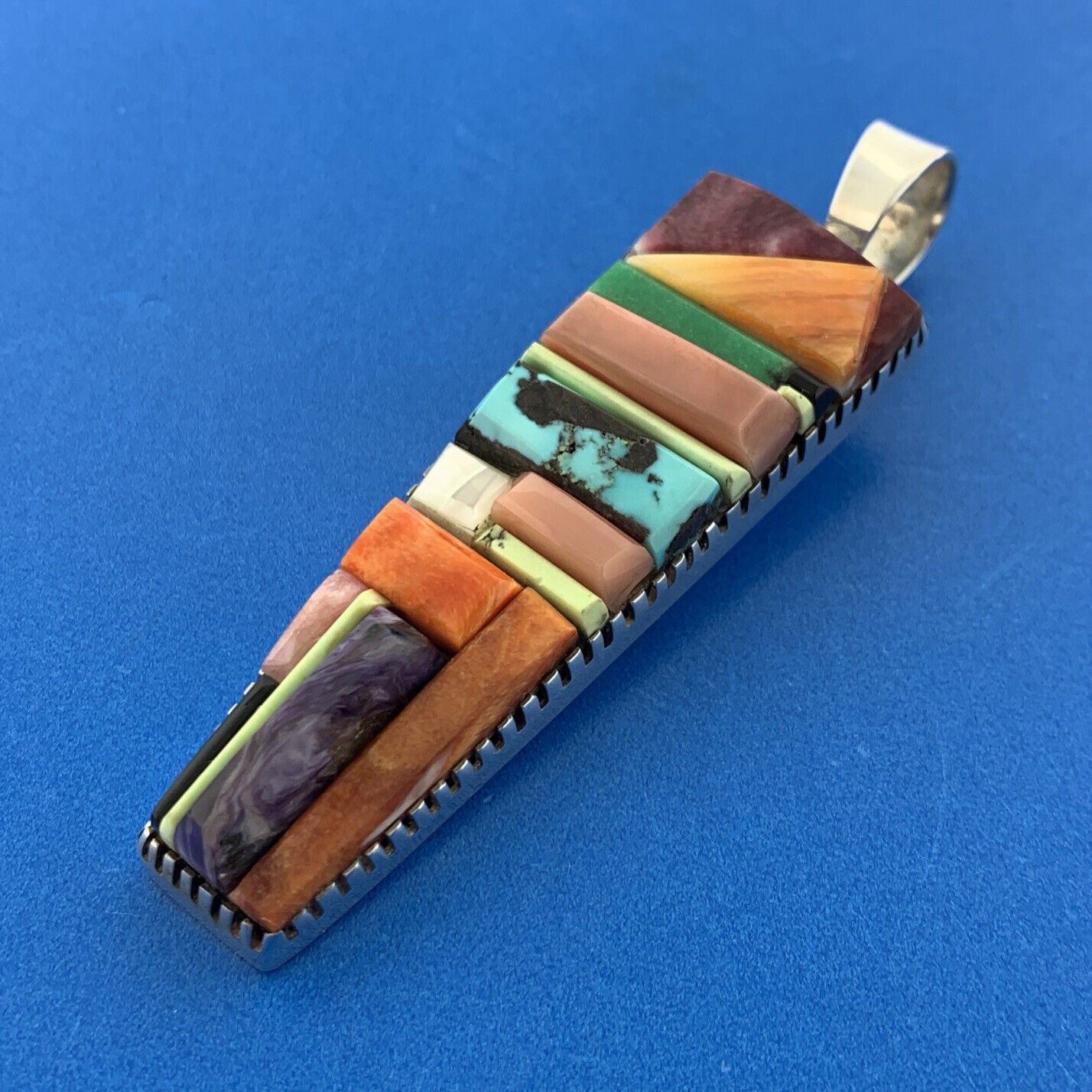 Stunning Sterling Silver 925 Multi-Stone Rainbow Tall Obelisk Statement Pendant