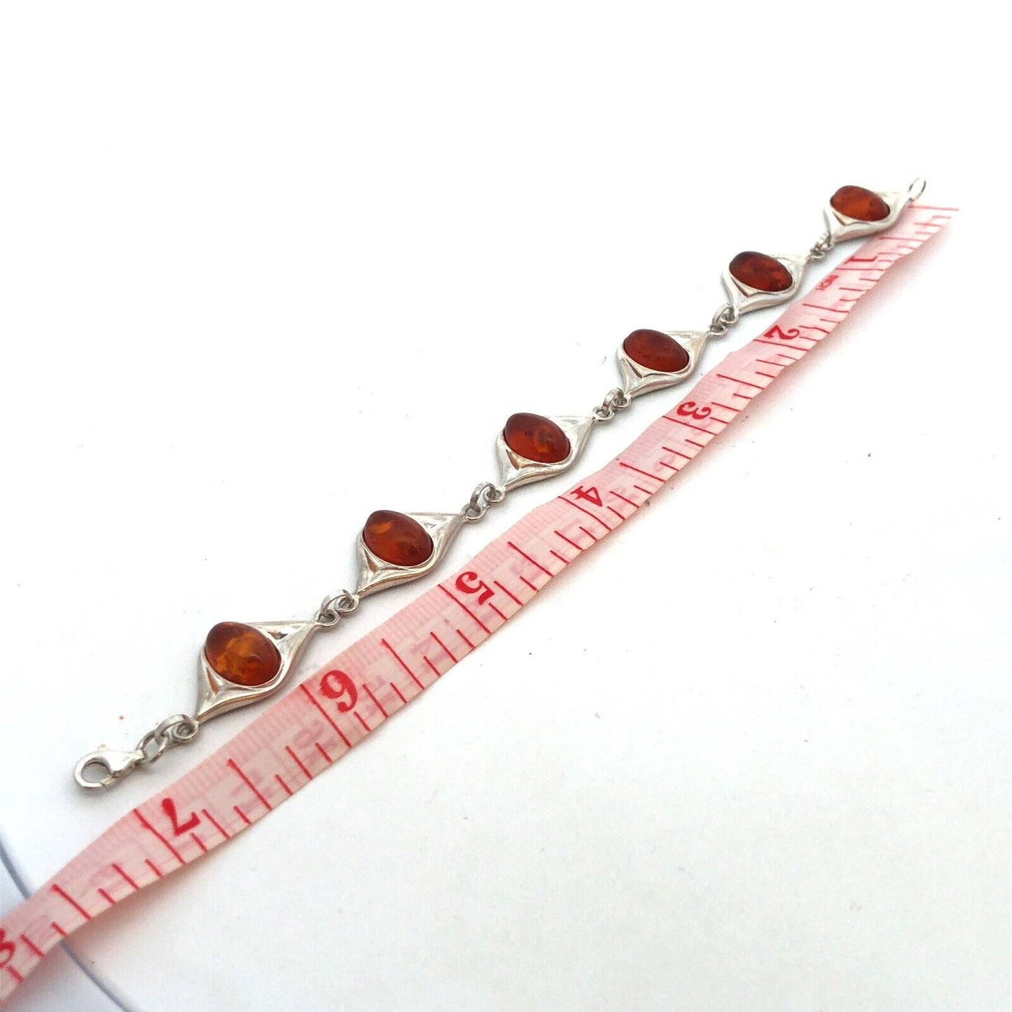 Modernist 925 Sterling Silver Oval Amber Cabochon Link Tennis Bracelet