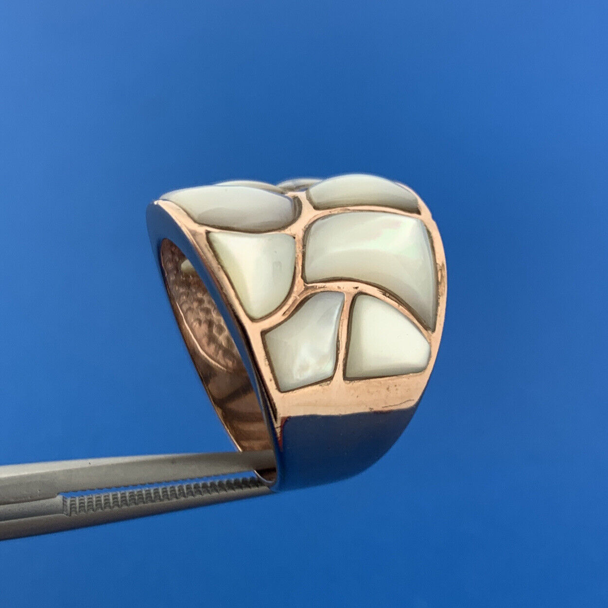 Designer Thailand Sterling Silver Rose Copper Toned Mother of Pearl Snake Ring