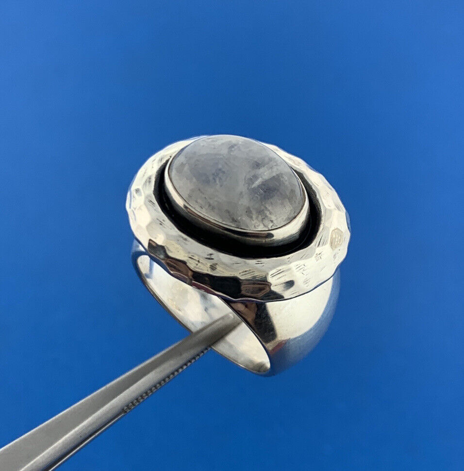 Doug Paulus dP Sterling Silver Oval Rainbow Moonstone East West Hammered Ring
