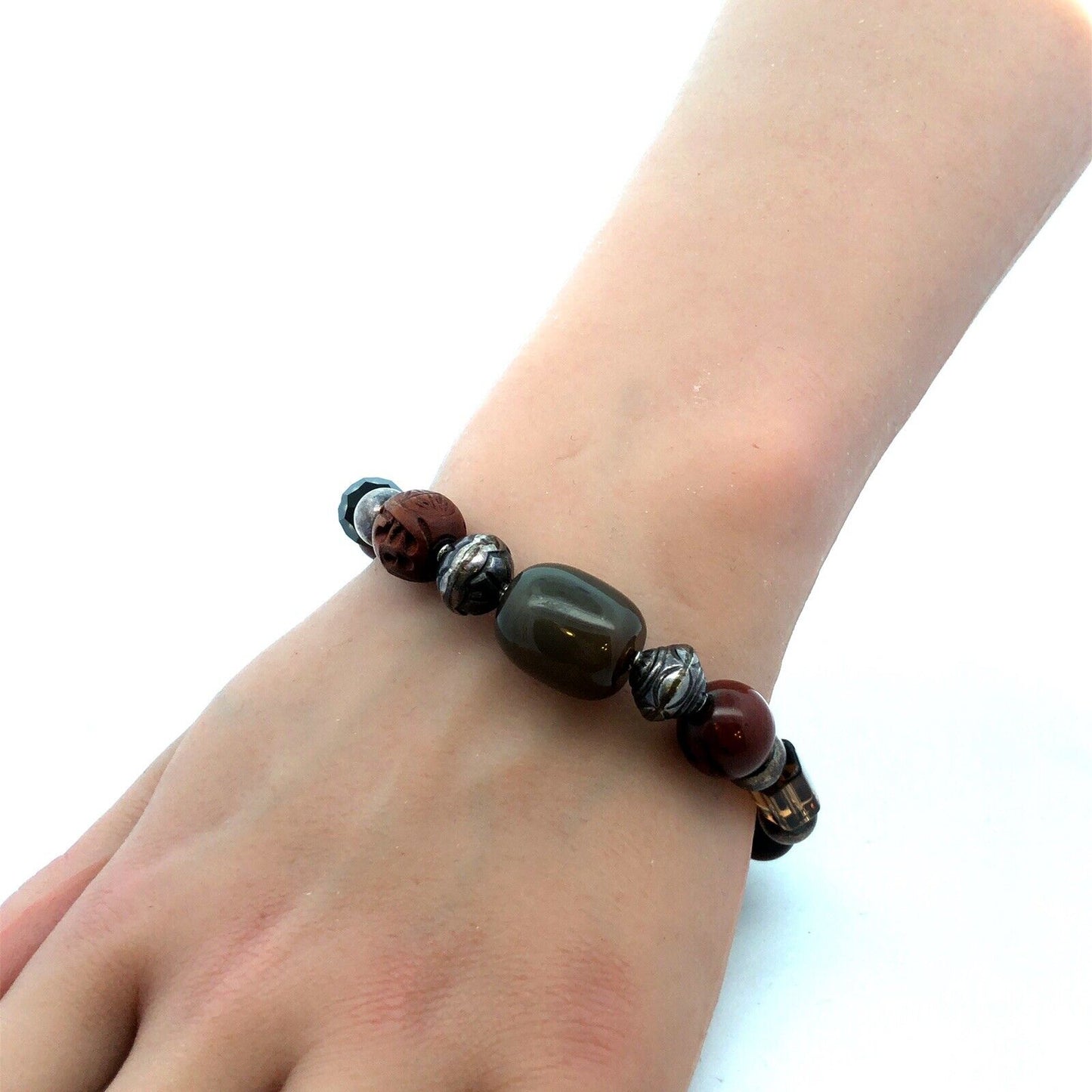 Estate 925 Sterling Silver Tigers Eye Agate Jasper Beaded Statement Bracelet