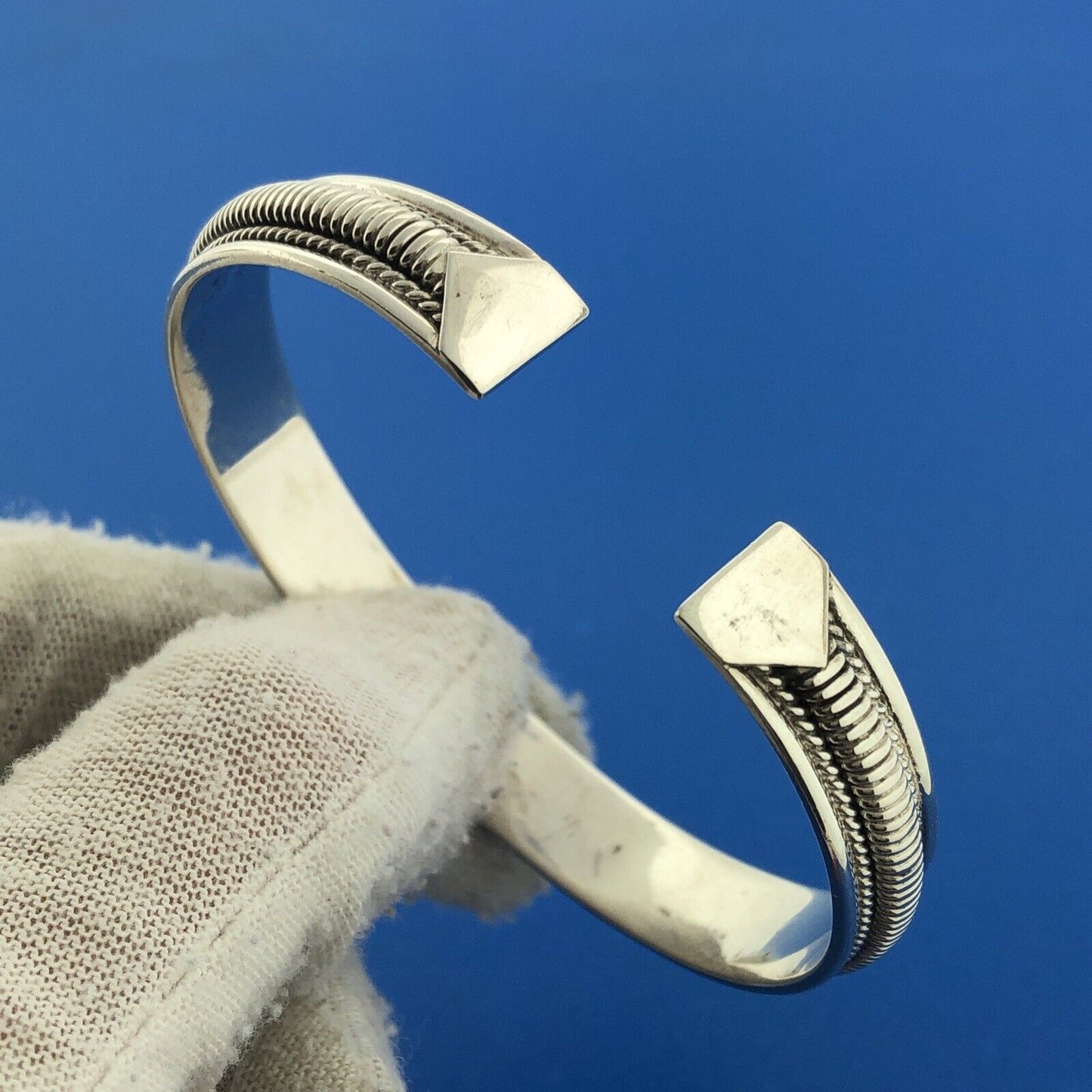 Designer Sterling Silver 925 Ribbed Cable Polished 3D Cuff Bracelet