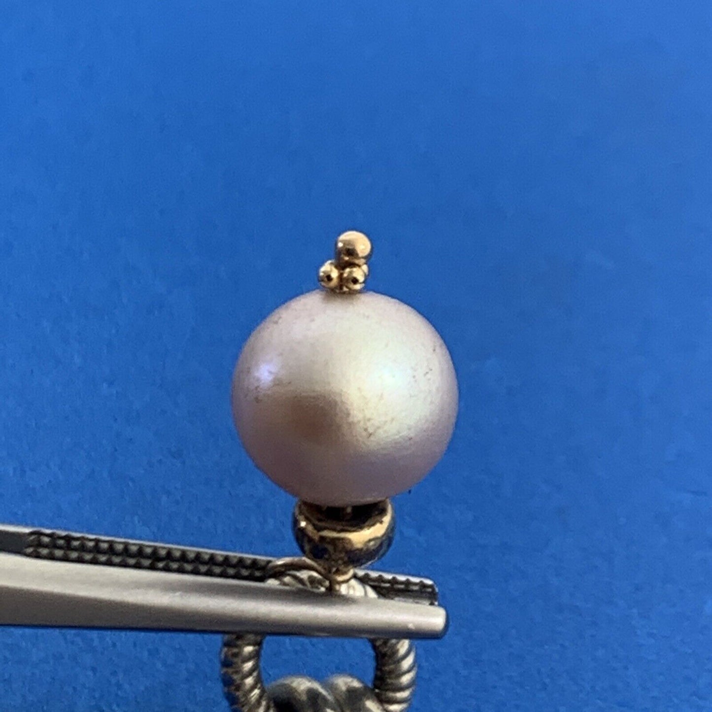 Estate 925 Sterling Silver 14K Gold Accented Pearl Charm Toggle Bracelet